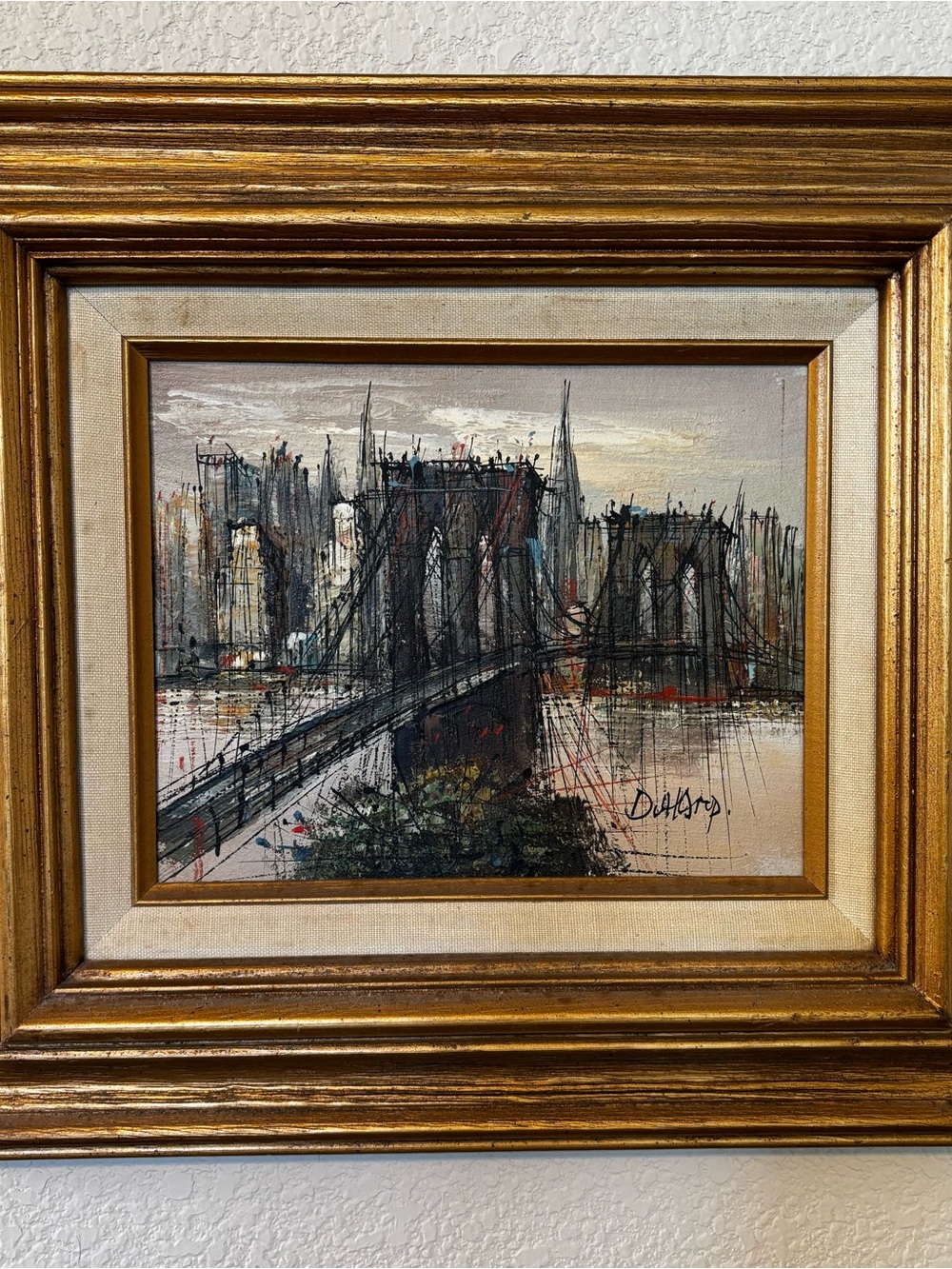 Vintage Original H. Duchamp Brooklyn Bridge Cityscape Oil Painting Framed Art